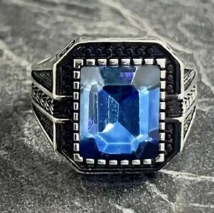Men's Retro Blue Gemstone Ring Sz 8